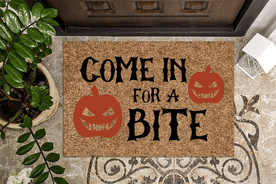 PUMPKIN COME IN FOR A BITE HALLOWEEN DOORMAT -BBS