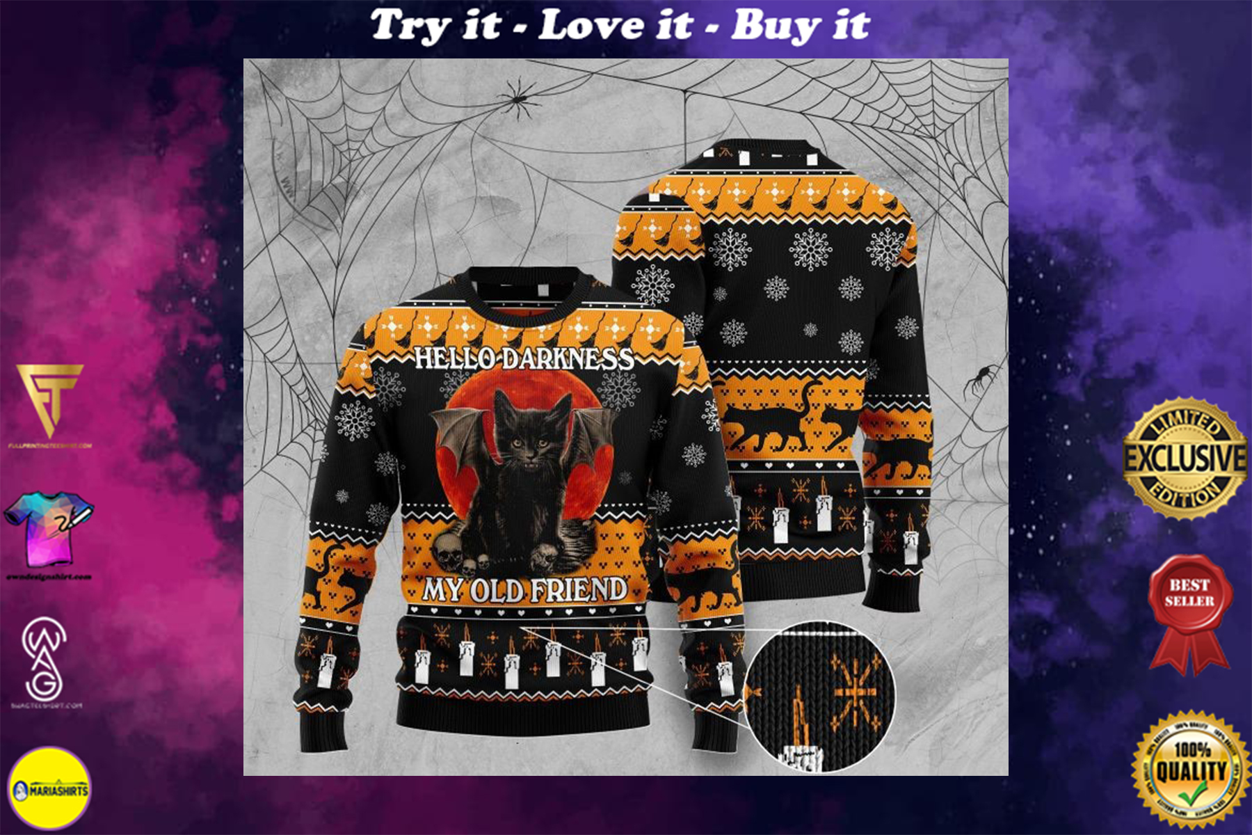 [SPECIAL EDITION] HALLOWEEN BLACK CAT HELLO DARKNESS MY OLD FRIEND CHRISTMAS SWEATER – MARIA