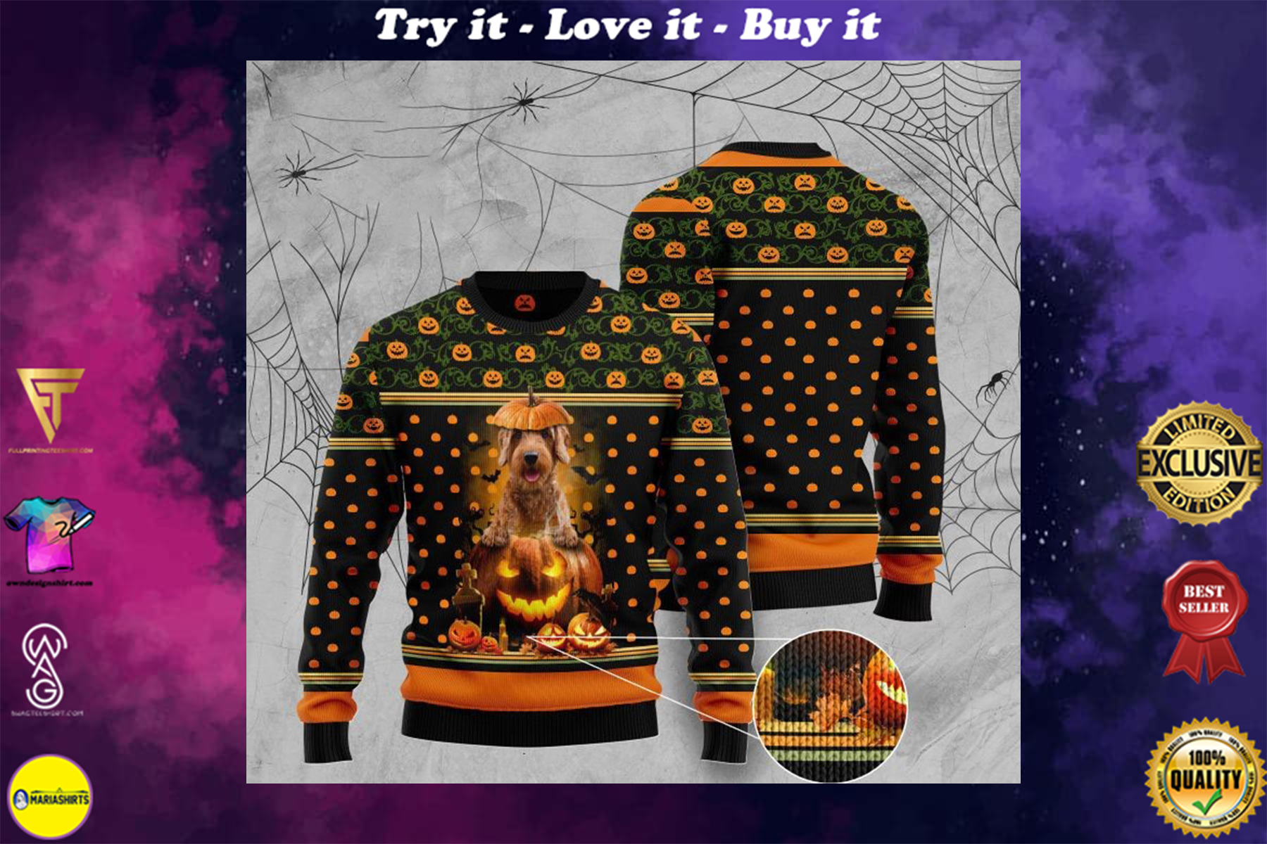 [SPECIAL EDITION] HALLOWEEN GOLDENDOODLE AND PUMPKIN FULL PRINTING CHRISTMAS SWEATER – MARIA