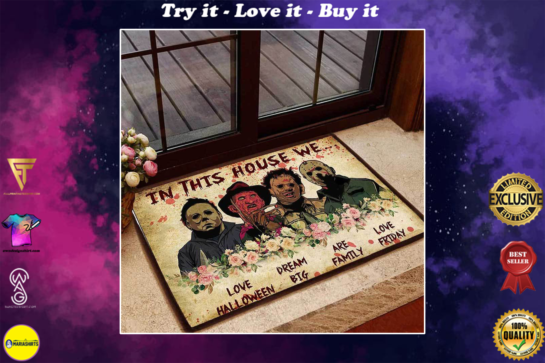 [SPECIAL EDITION] HORROR KILLERS IN THIS HOUSE WE LOVE HALLOWEEN DOORMAT – MARIA