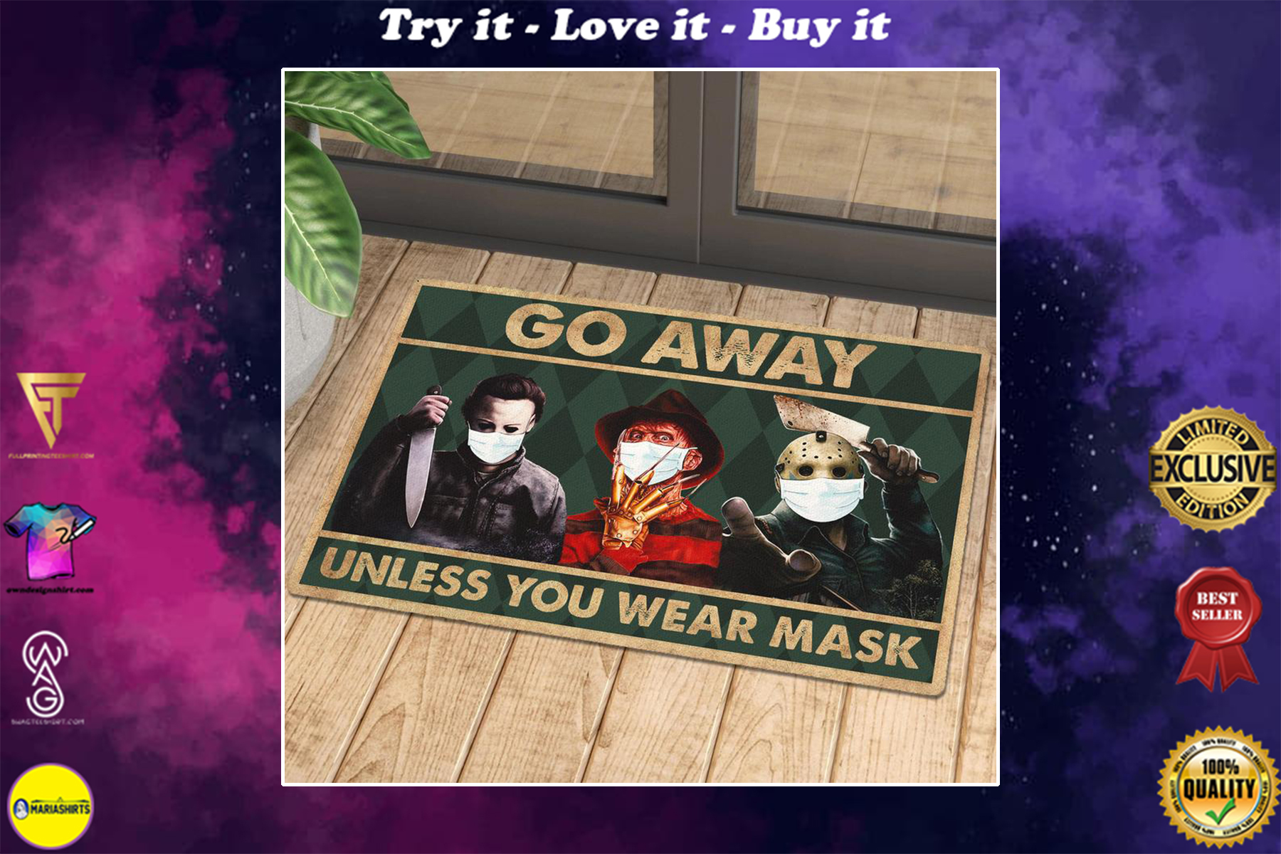 [SPECIAL EDITION] VINTAGE HALLOWEEN HORROR KILLERS GO AWAY UNLESS YOU HAVE MASK DOORMAT – MARIA