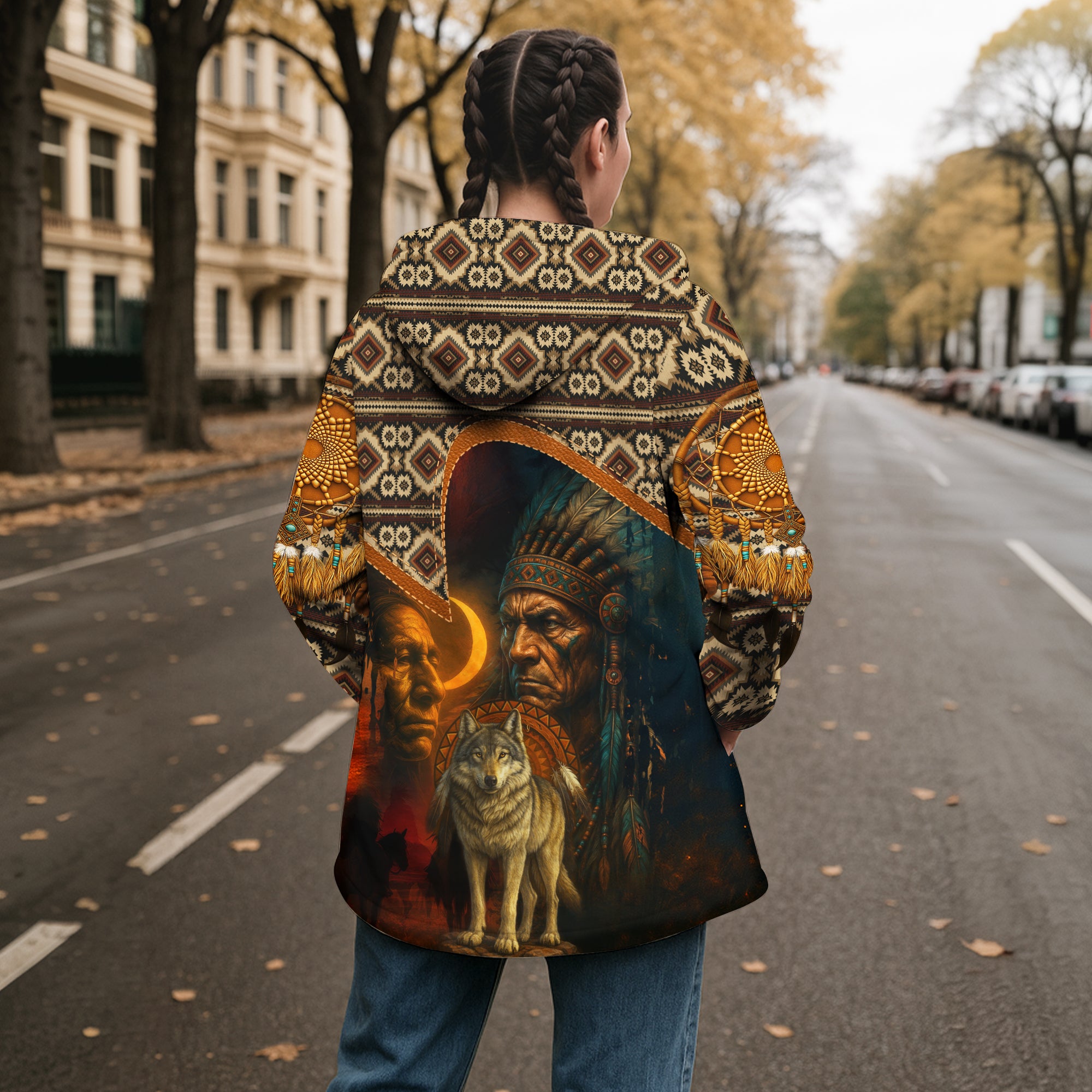 1. Native Wolf Spirit Dream Cloak – Wisdom and Courage Beneath the Eclipse