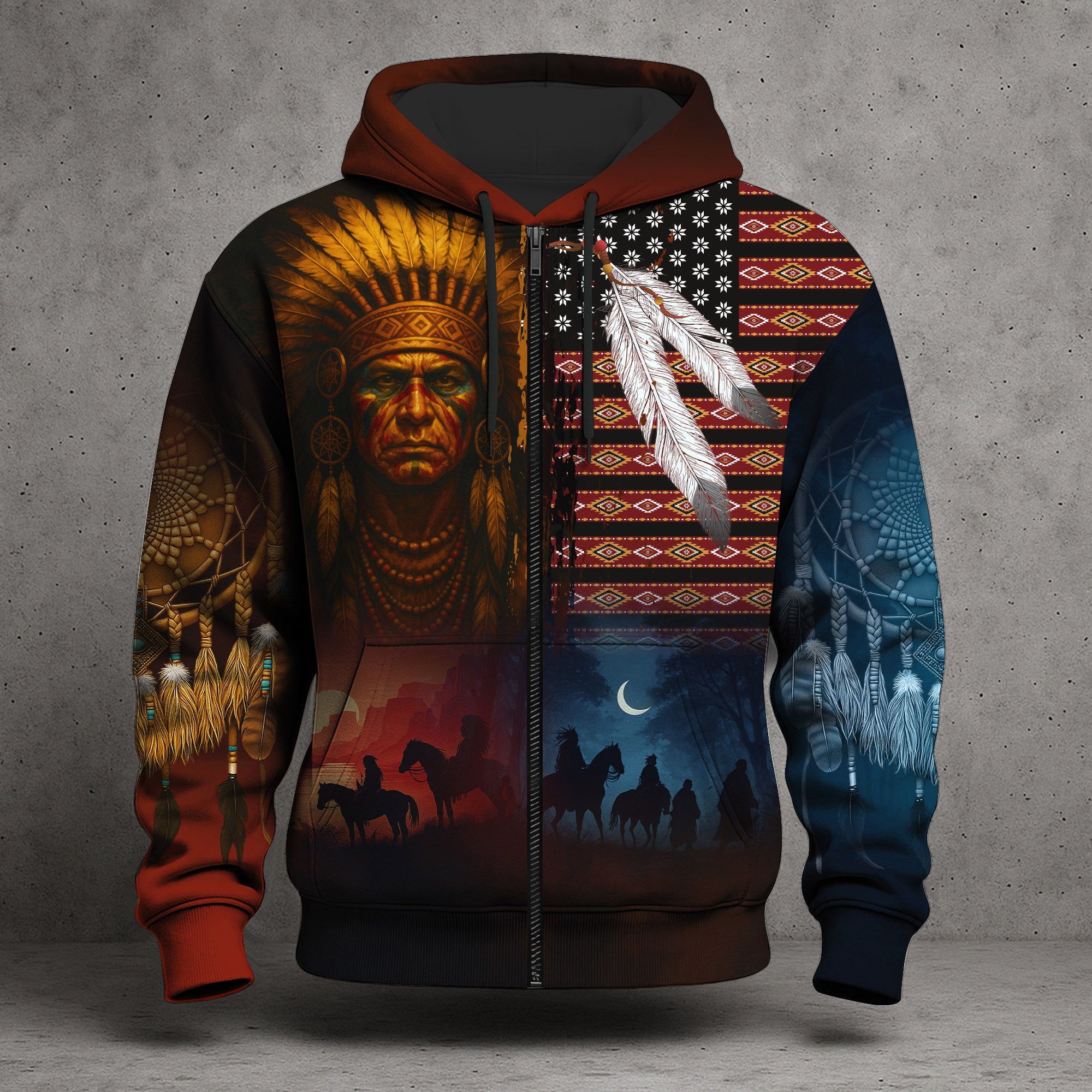 Native Heritage – The Chief Spirit Hoodie in Red & Blue, Symbol of Freedom and Pride