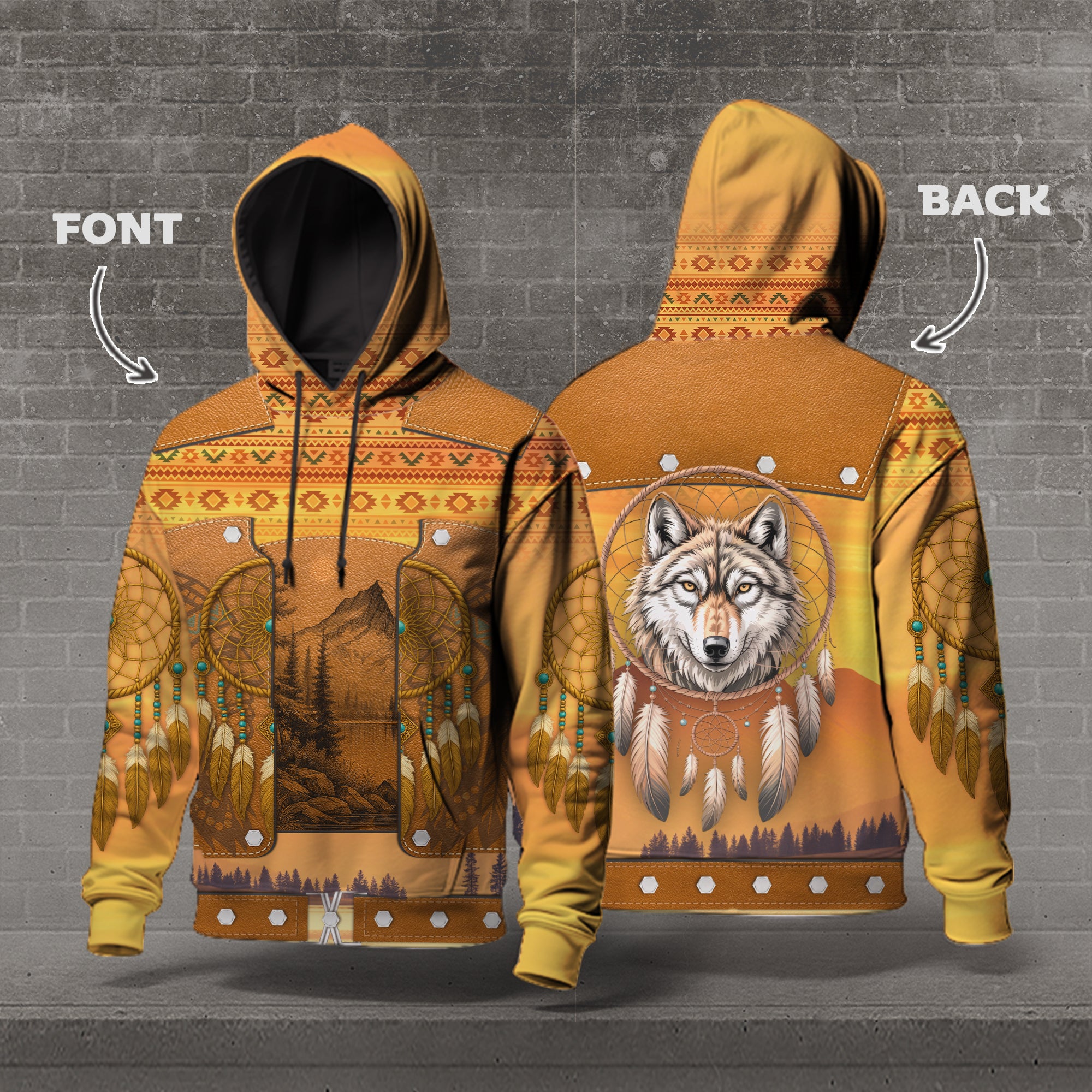 Tribal Dreamcatcher – Golden Horizon Hoodie with Sacred Mountain Motif