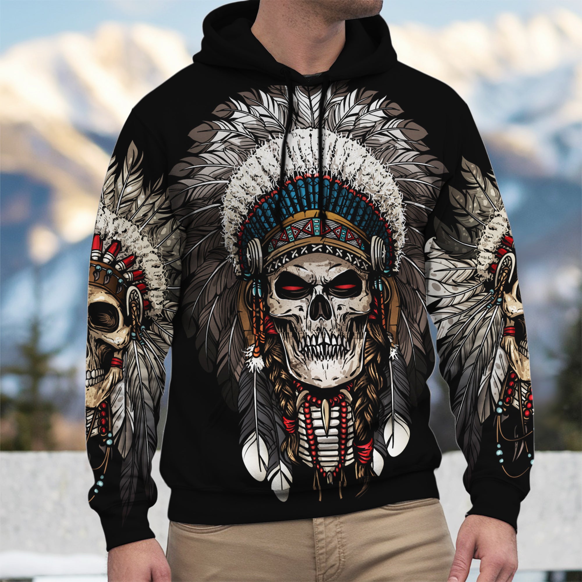 Warrior Skull Hoodie – Tribal Chief Headdress Edition